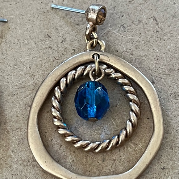 Brushed Gold Tone Circle Drop Pierced Earrings with Blue Acrylic Bead - Picture 5 of 7